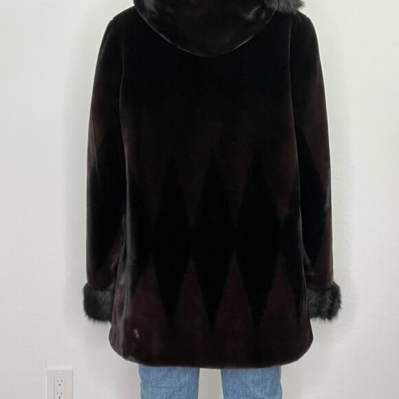 Nuage Dark Brown Black Faux Fur Hooded Coat w/ Trim Diamond Pattern Y2K - Picture 4 of 16